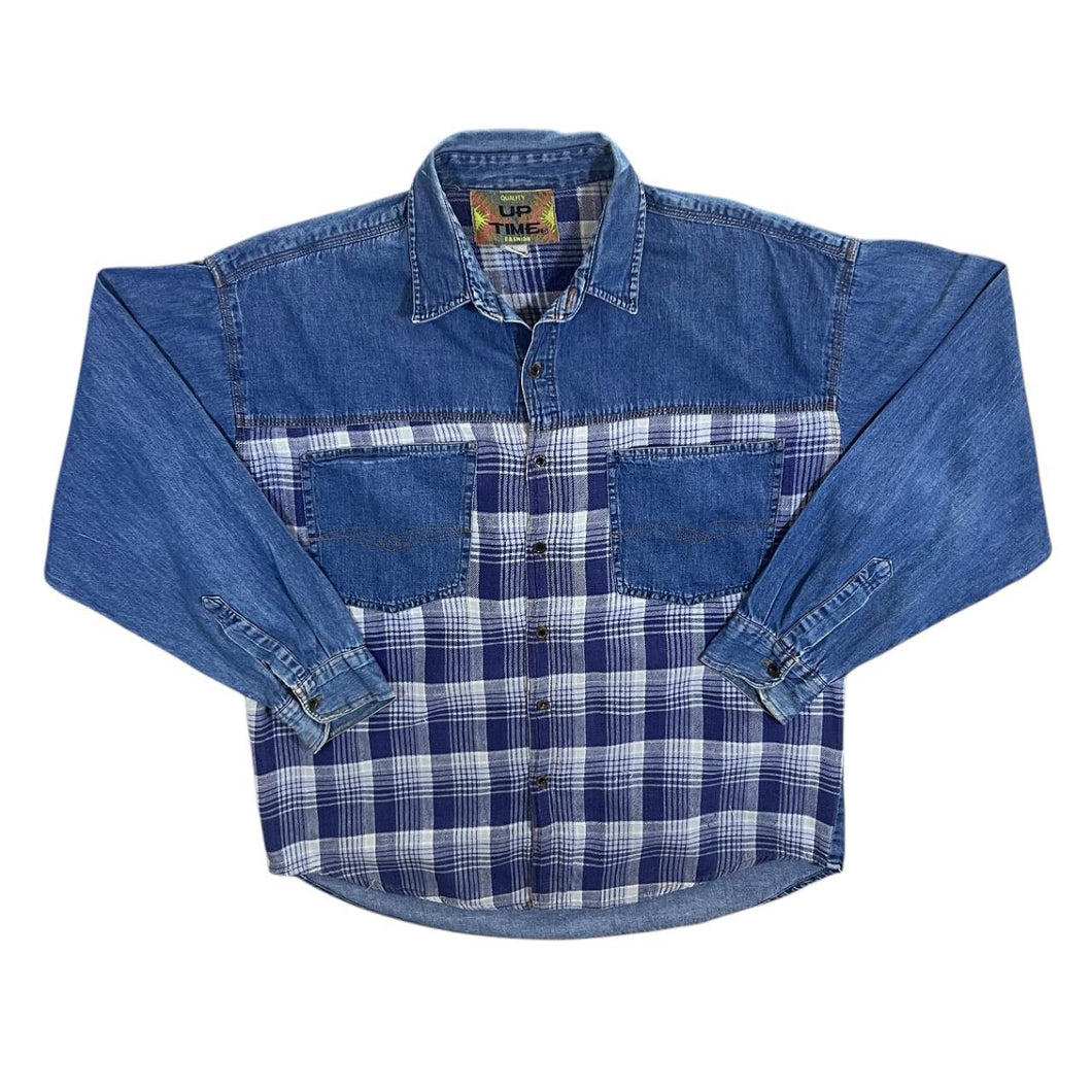 Vintage 90's Up Time Plaid Check Panel Blue Denim Long Sleeve Shirt