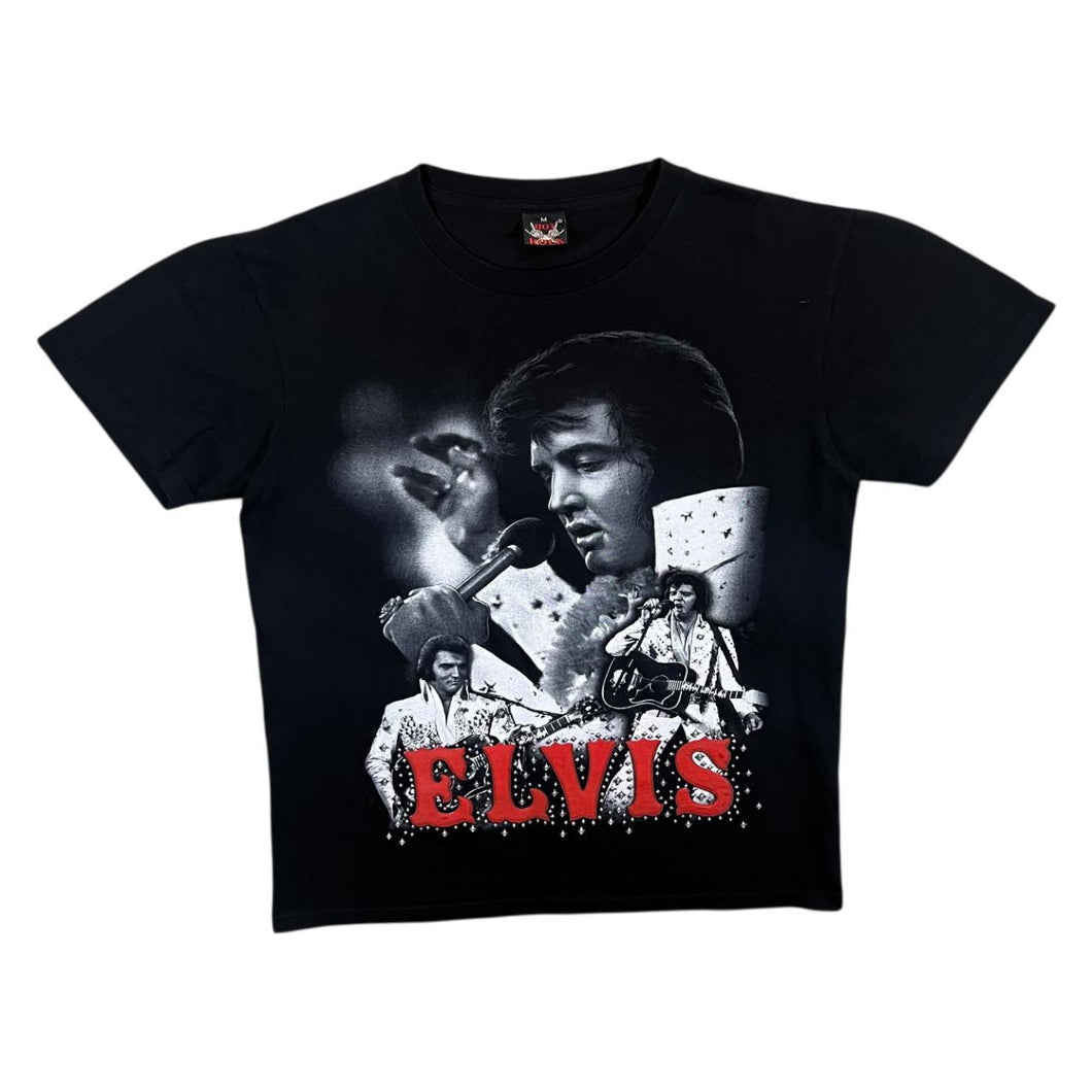 Early 00's Elvis Presley Rock N Roll Music Tribute Spellout Graphic Black T-Shirt