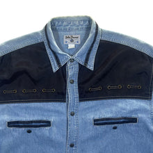 Load image into Gallery viewer, Vintage John Baner Black Panel Cowboy Western Blue Denim Popper Long Sleeve Shirt
