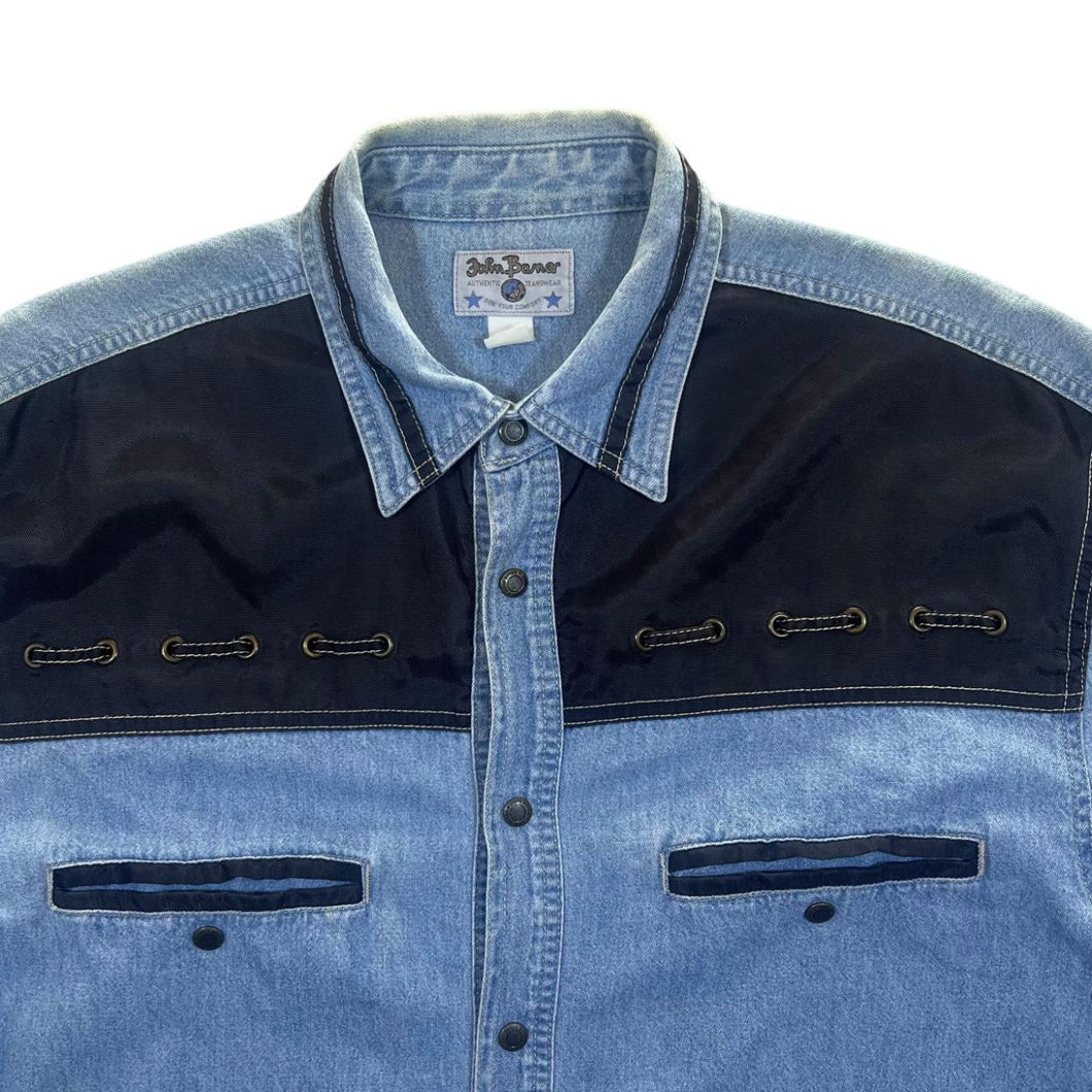 Vintage John Baner Black Panel Cowboy Western Blue Denim Popper Long Sleeve Shirt