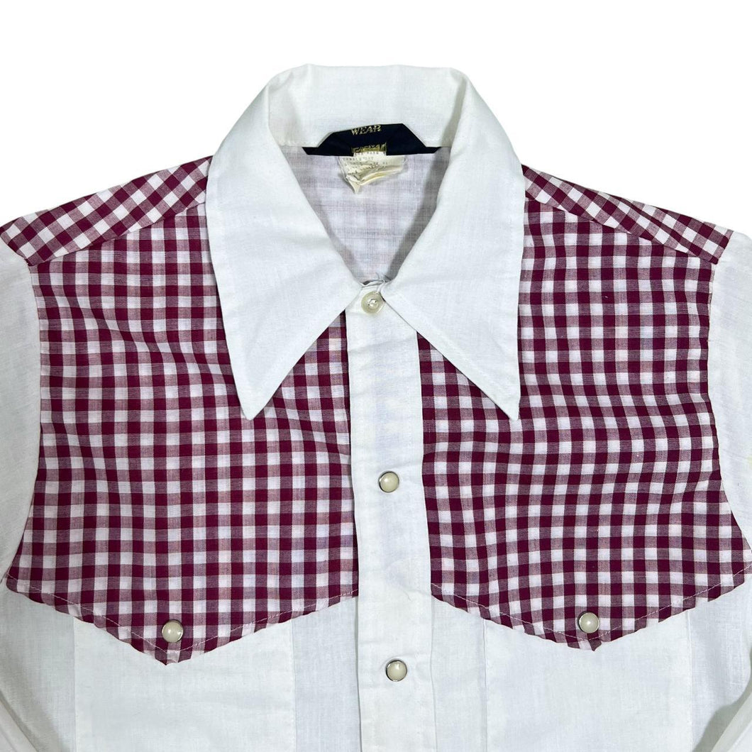 Vintage Sears Western Wear Pearl Snap Popper Red Check White Long Sleeve Shirt