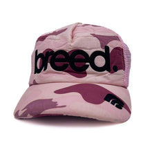 Load image into Gallery viewer, Early 00’s BREED. Embossed Spellout Pink Camo Print Mesh Trucker Baseball Cap
