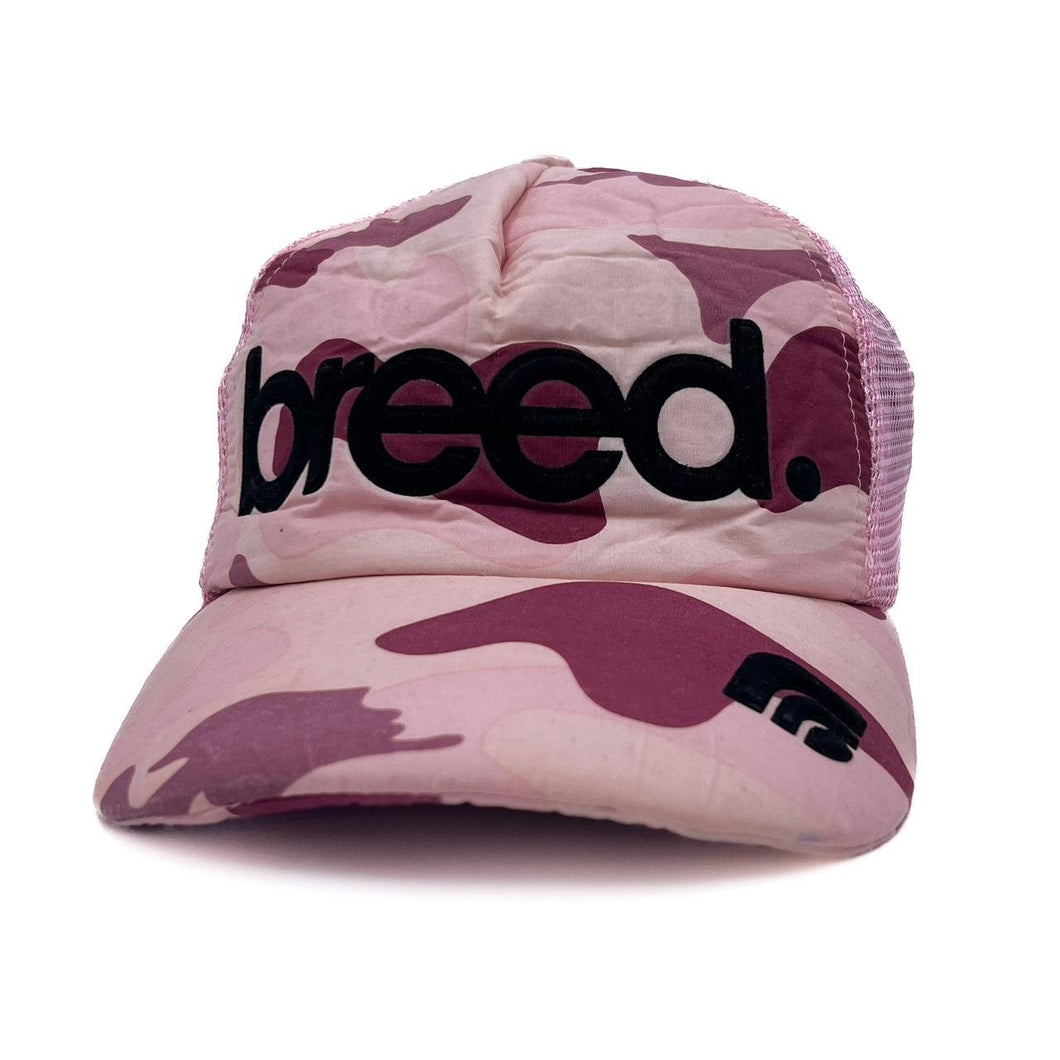 Early 00’s BREED. Embossed Spellout Pink Camo Print Mesh Trucker Baseball Cap