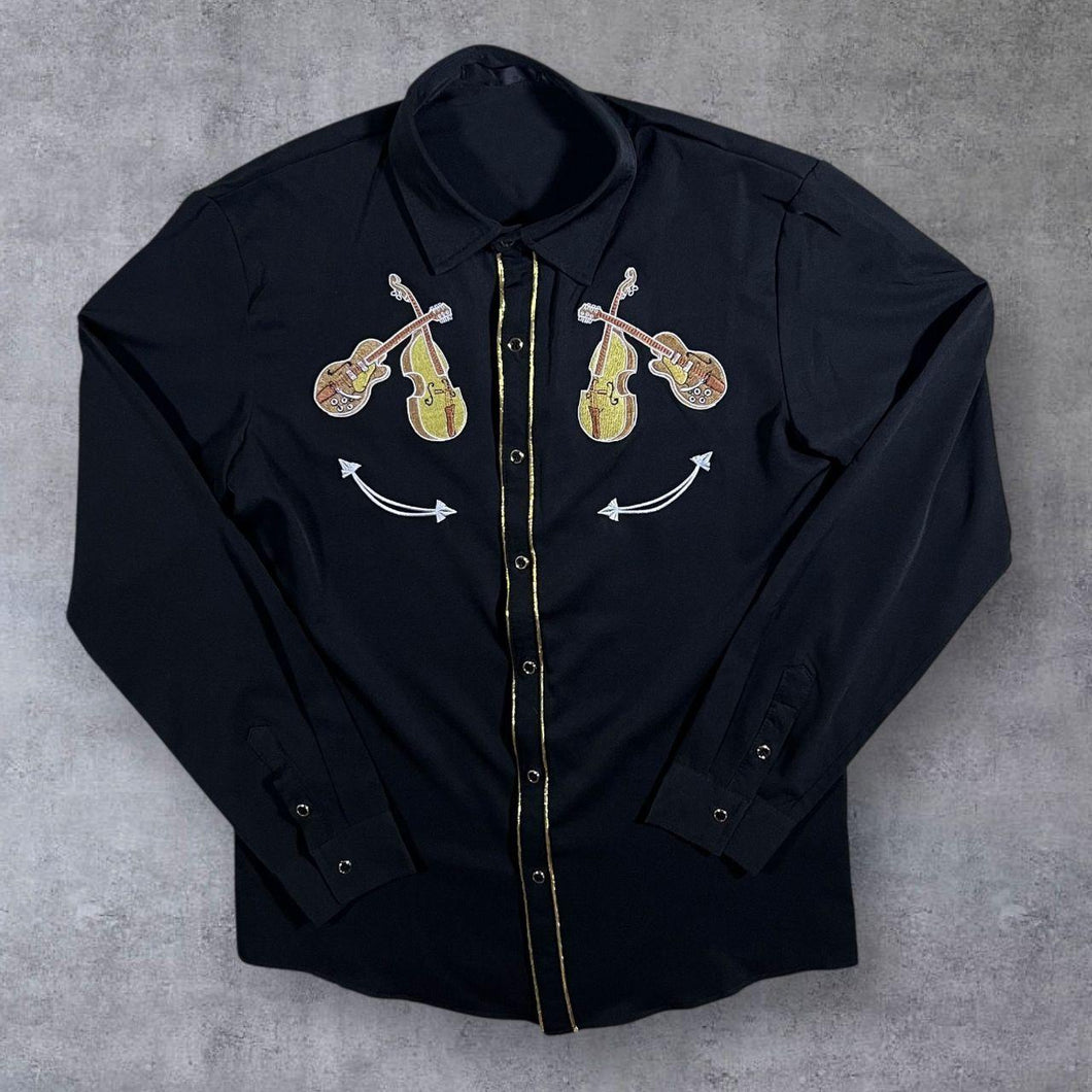 Cowboy Western Embroidered Guitar Black Polyester Spandex Long Sleeve Shirt