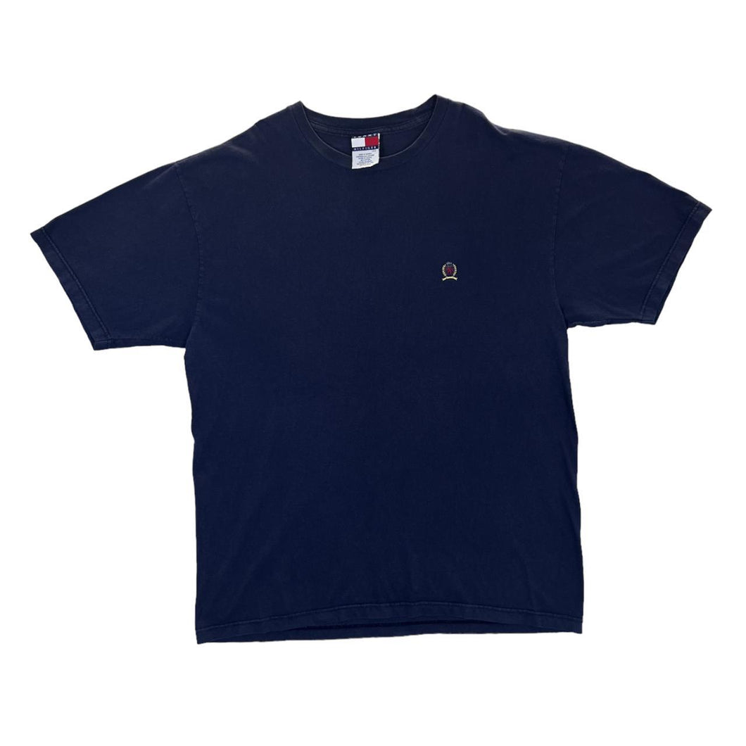 Vintage TOMMY HILFIGER Classic Embroidered Mini Crest Logo Navy Blue T-Shirt