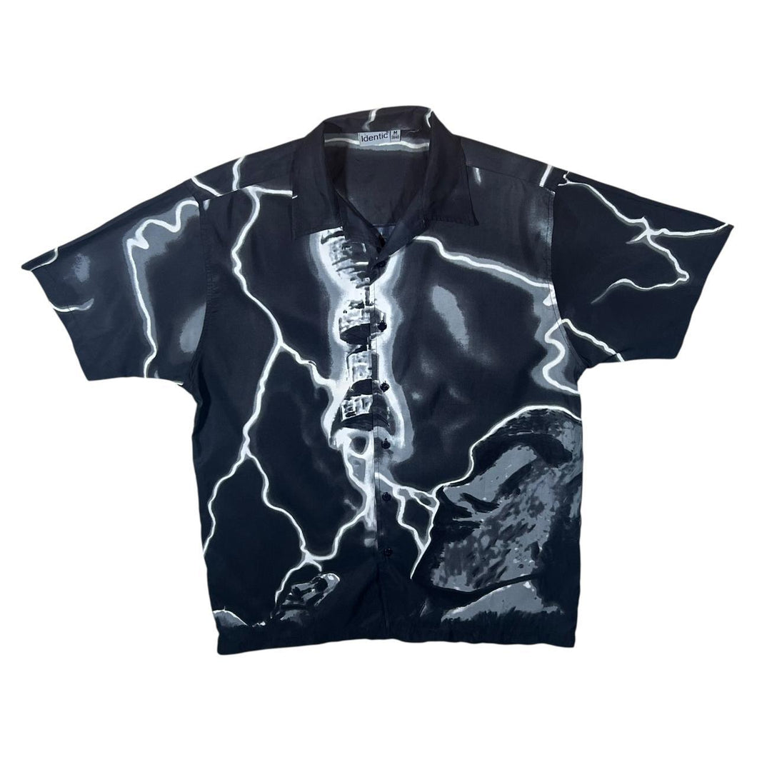 Early 00's Identic Gothic Y2K Lightning Graphic Black Short Sleeve Polyester Shirt