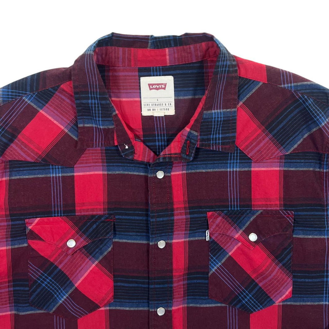 Levi's Cowboy Western Red Blue Plaid Check Popper Button Long Sleeve Shirt