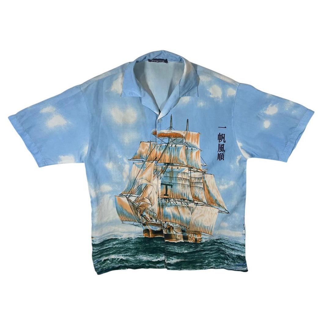 Early 00's Fuging Ship Boat Nautical Graphic Blue Short Sleeve Polyester Cotton Shirt