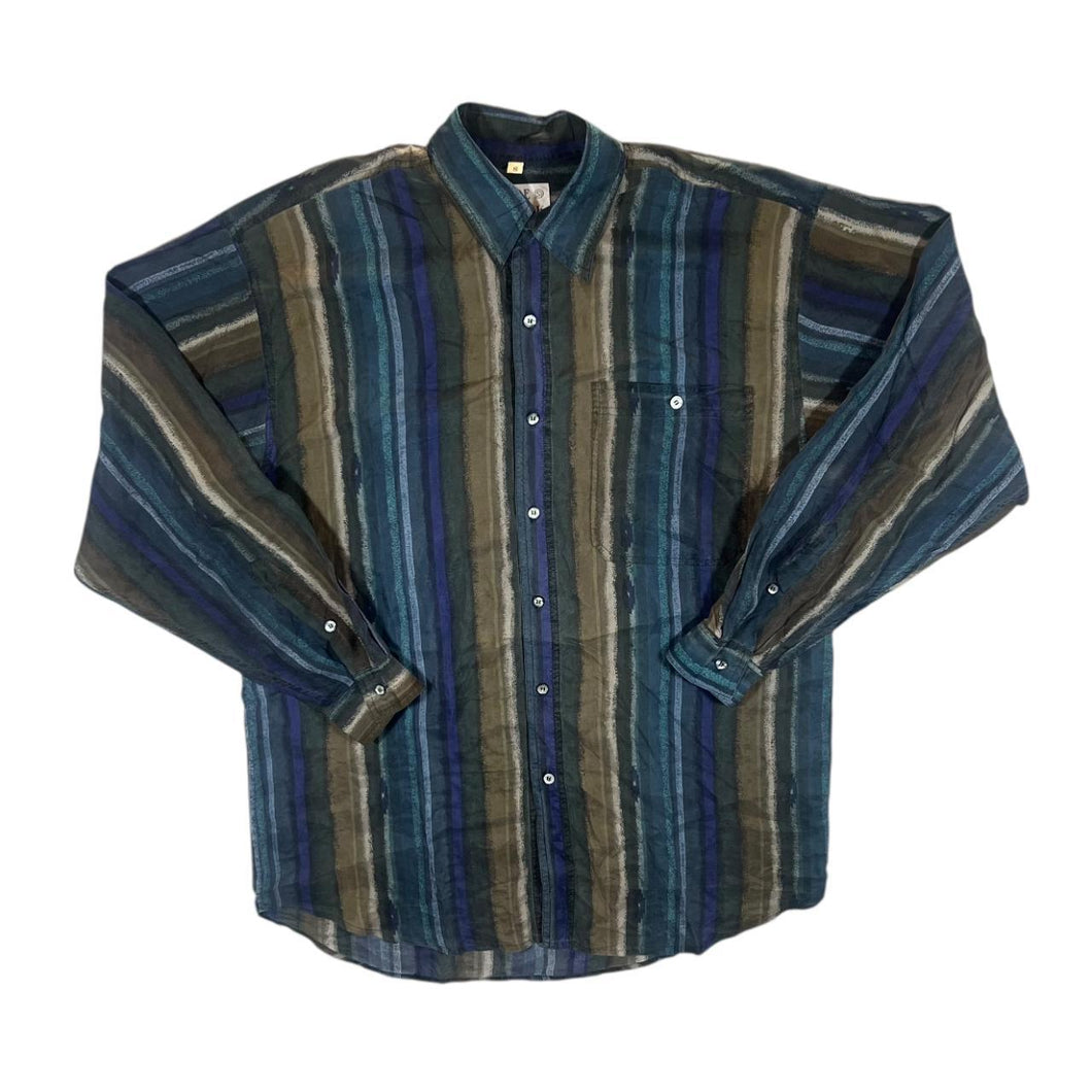 Vintage Pure Silk Abstract Multi Colour Striped 100% Silk Long Sleeve Shirt