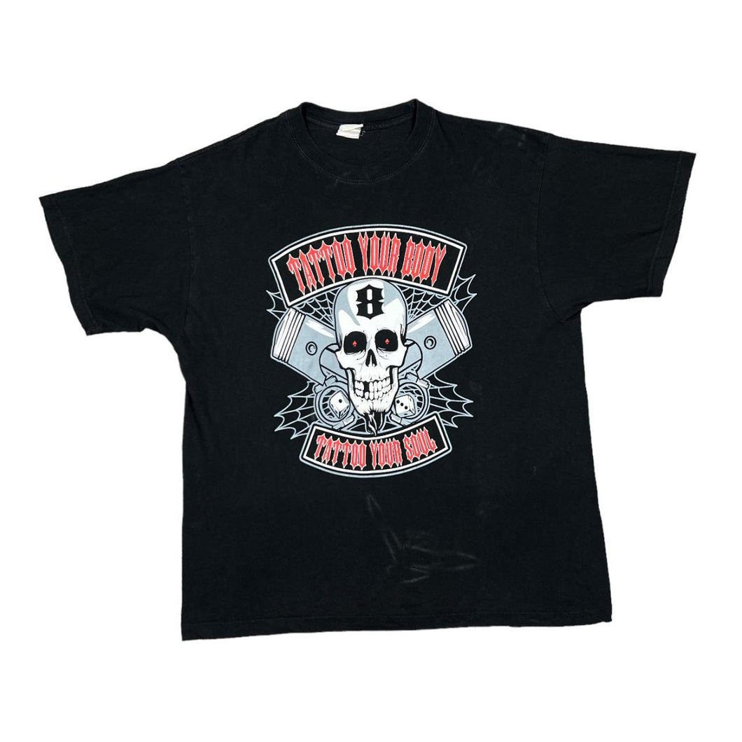 TATTOO YOUR BODY, TATTOO YOUR SOUL Gothic Biker Skull Spellout Graphic T-Shirt