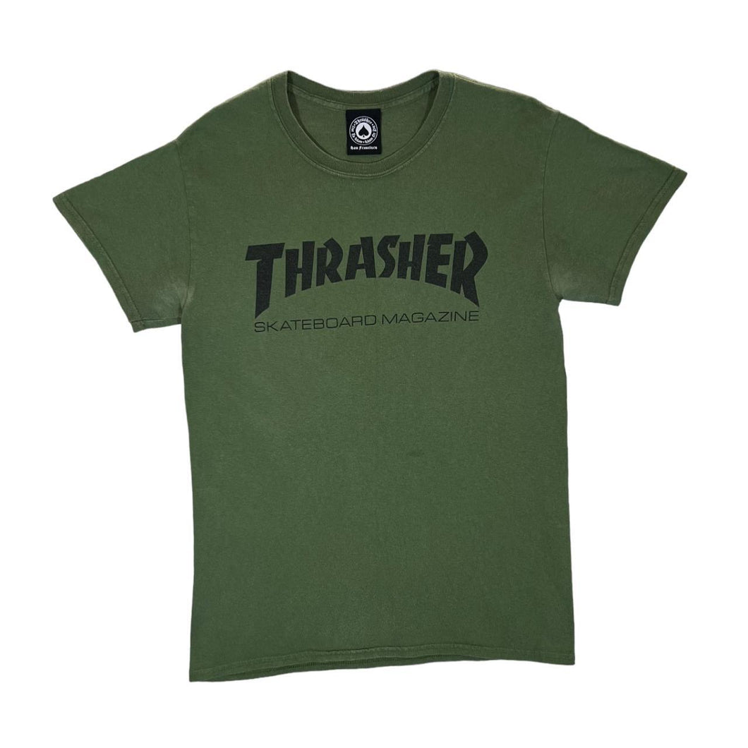 THRASHER MAGAZINE Classic Skater Logo Spellout Khaki Green Graphic T-Shirt