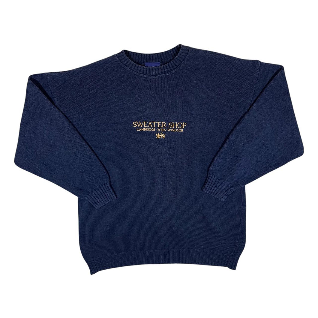 Vintage THE SWEATER SHOP Classic Navy Blue Embroidered Spellout Knit Sweater Jumper