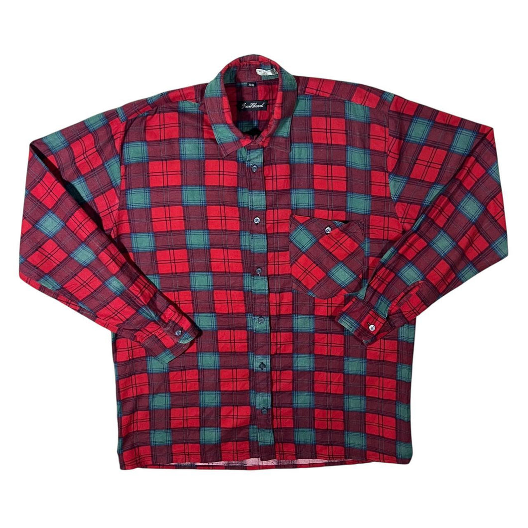 Vintage Jean Chaval Burgundy Blue Red Plaid Check Long Sleeve Cotton Flannel Shirt