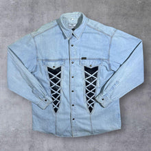 Load image into Gallery viewer, Vintage Arizona Cowboy Western Faded Blue Denim Lace Panel Popper Long Sleeve Shirt
