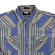 Load image into Gallery viewer, Vintage Youngbloods Western Cowboy Blue Grey Brown Striped Popper Long Sleeve Shirt
