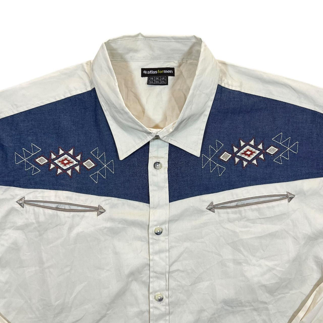 Atlas For Men Cowboy Western Embroidered Aztec Cream Blue Cotton Long Sleeve Shirt