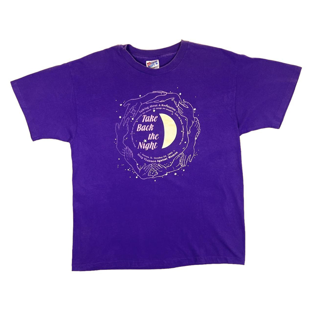 Vintage 90's Hanes TAKE BACK THE NIGHT (1992) Spellout Graphic Purple Single Stitch T-Shirt