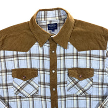 Load image into Gallery viewer, Cau Designs Corduroy Panel Blue Check Cowboy Western Popper Long Sleeve Shirt
