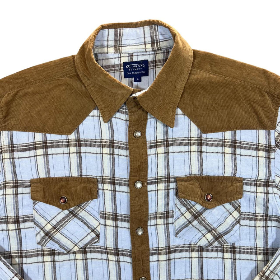 Cau Designs Corduroy Panel Blue Check Cowboy Western Popper Long Sleeve Shirt