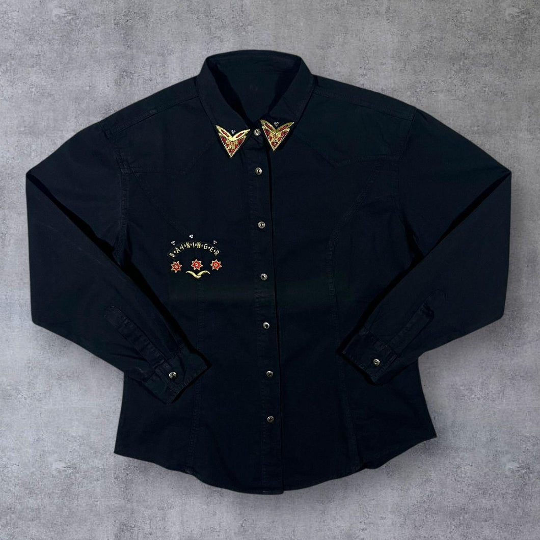 Vintage Daininger Embroidered Cowboy Western Black Cotton Long Sleeve Shirt