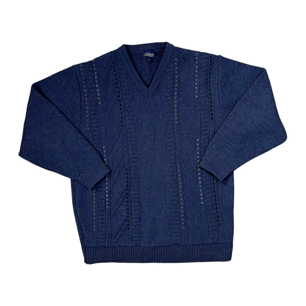 Vintage FOUR SEASONS Grandad Patterned Wool Acrylic Knit Navy Blue V-Neck Sweater Jumper