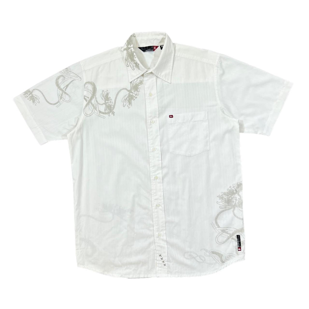 Early 00's QUIKSILVER Floral Surfer Graphic Short Sleeve Shirt