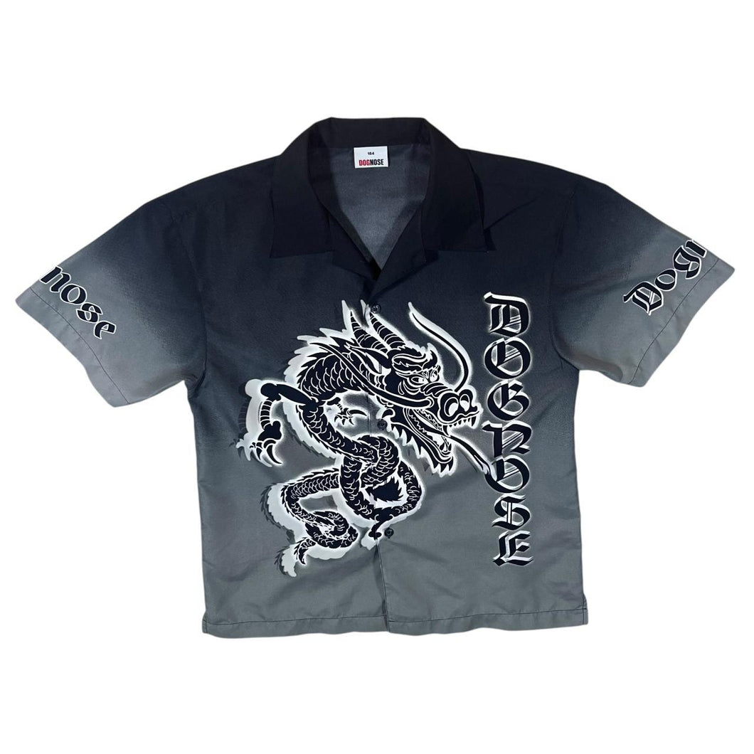 Early 00's Dognose Gothic Y2K Dragon Graphic Grey Black Short Sleeve Polyester Shirt