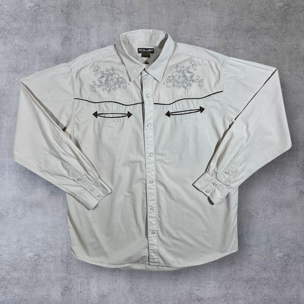 Atlas For Men Filigree Pattern Cowboy Western Cream Cotton Popper Long Sleeve Shirt