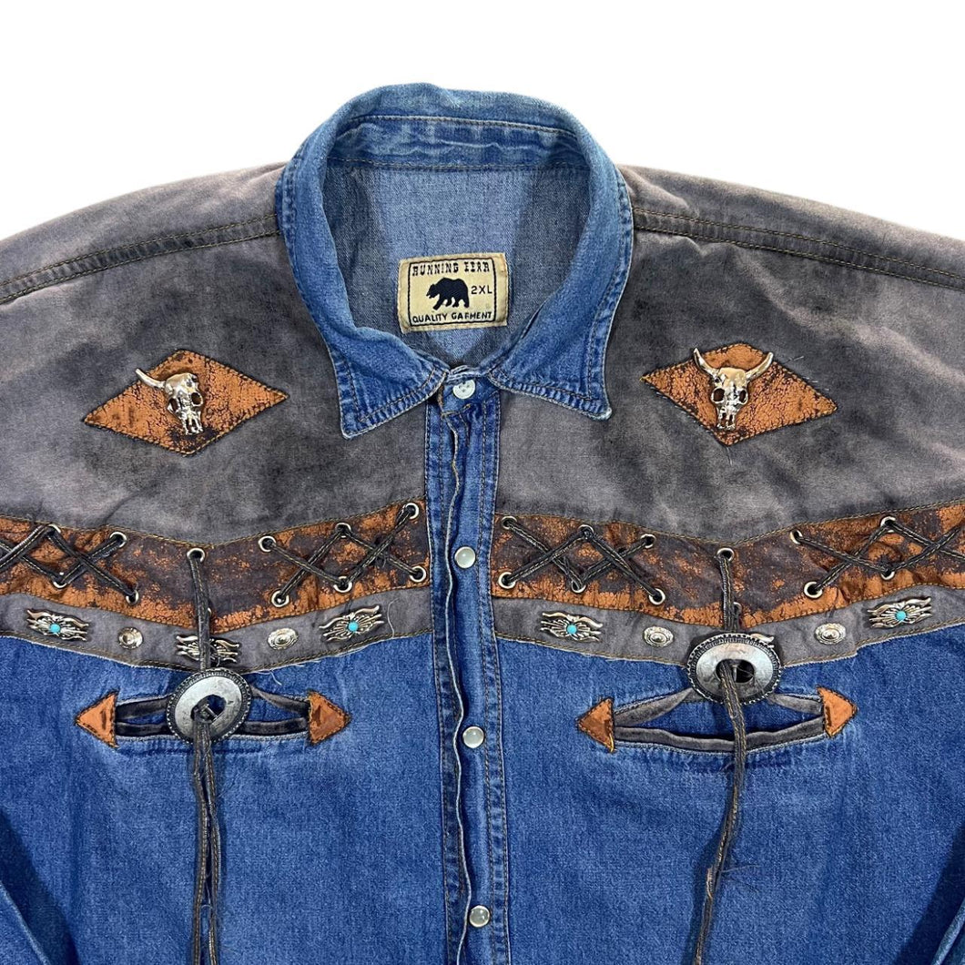 Vintage Running Bear Cowboy Western Blue Denim Popper Long Sleeve Shirt