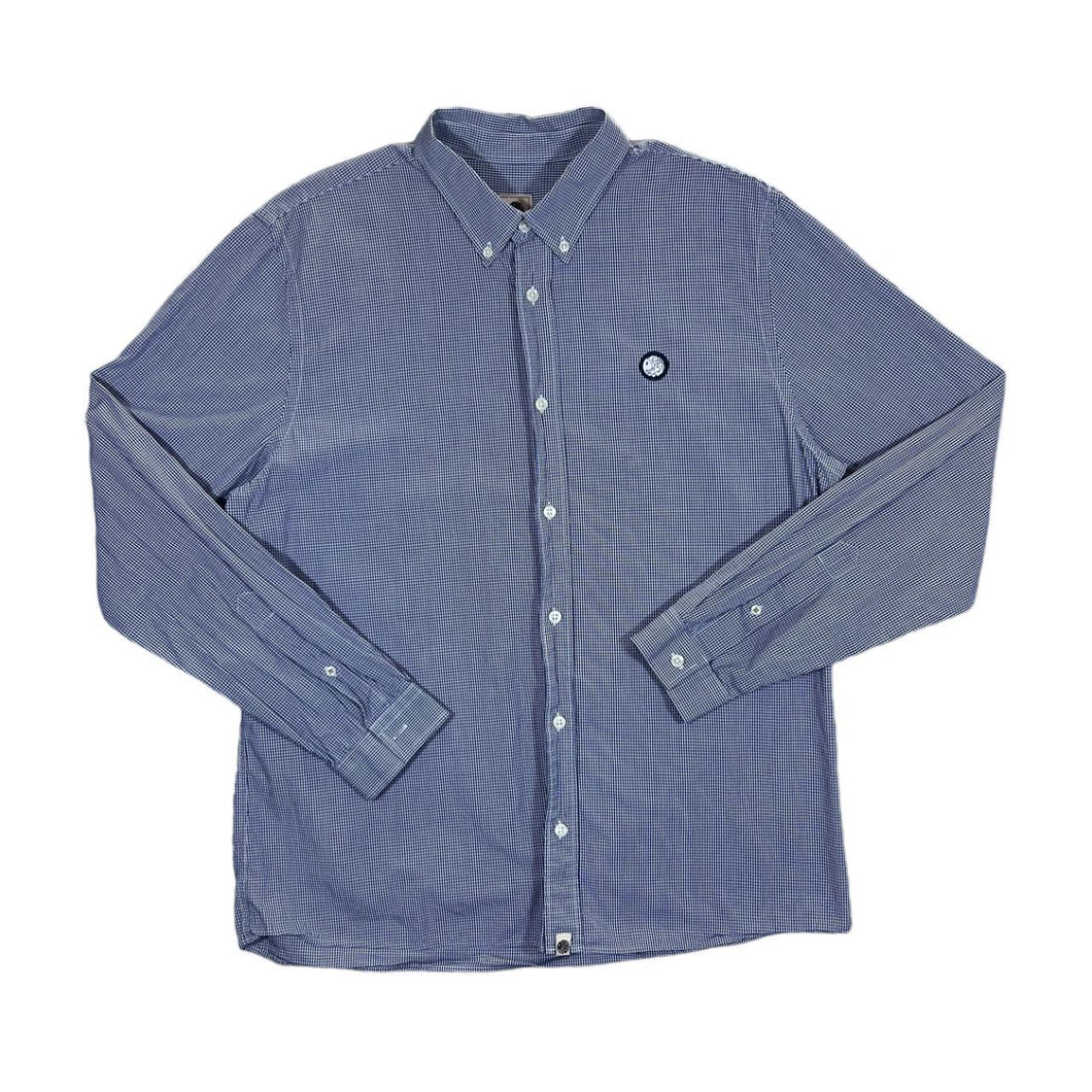 PRETTY GREEN Classic Embroidered Mini Logo Blue Check Long Sleeve Button-Up Shirt