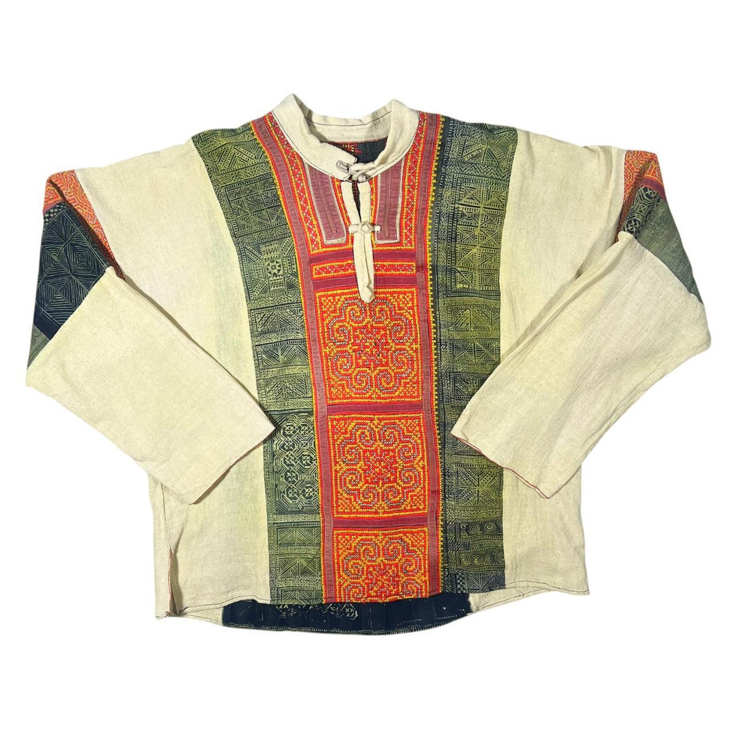 Vintage Patterned Hippy Colour Block Knot Loop Long Sleeve Smock Shirt