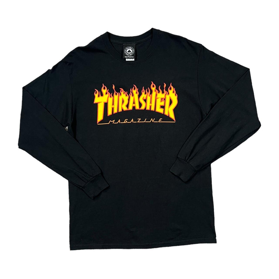 THRASHER MAGAZINE Classic Flame Logo Spellout Skater Graphic Long Sleeve T-Shirt