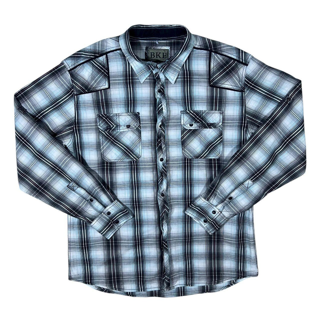 BKE Athletic Fit Western Style Plaid Check Popper Long Sleeve Cotton Shirt