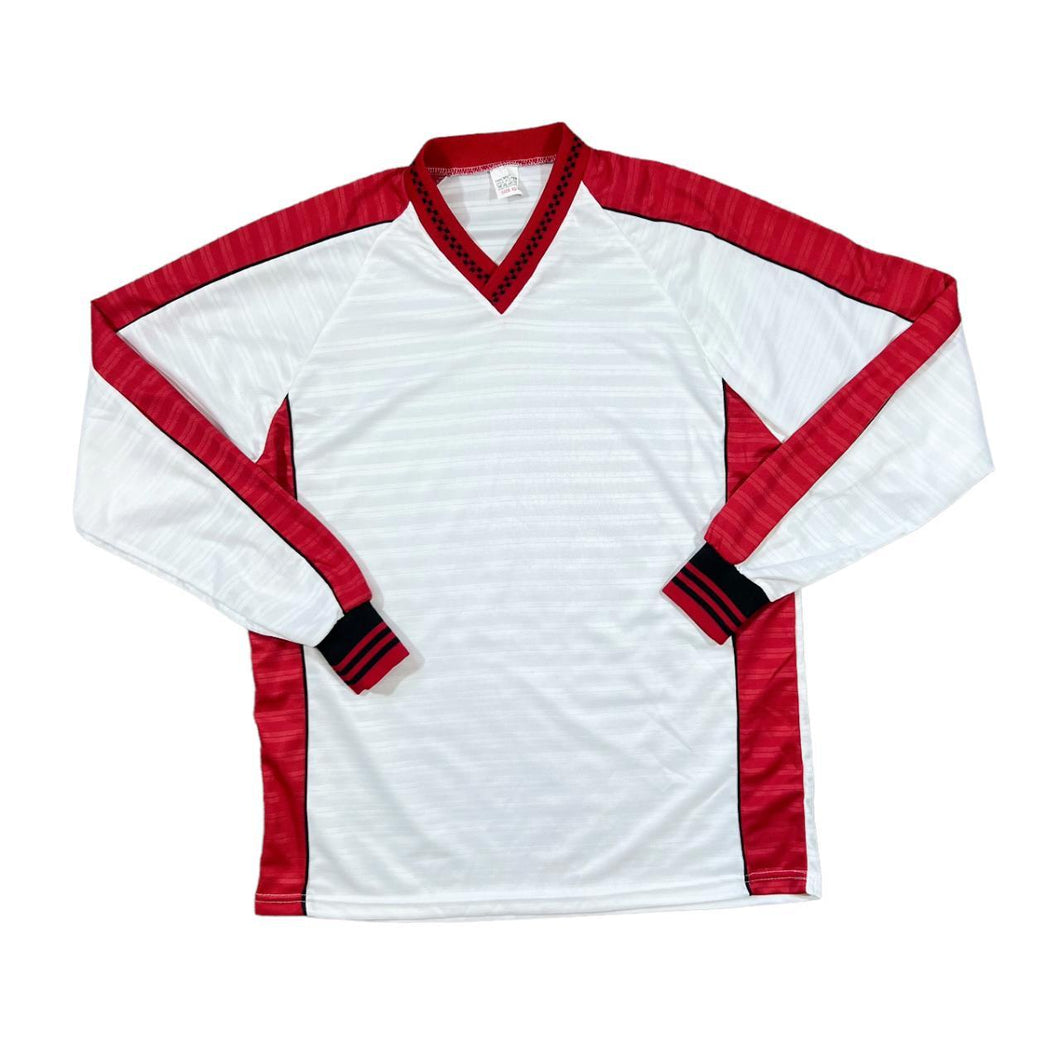 Vintage Red White Colour Block Patterned Trim Long Sleeve V-Neck Polyester Sports Jersey Top