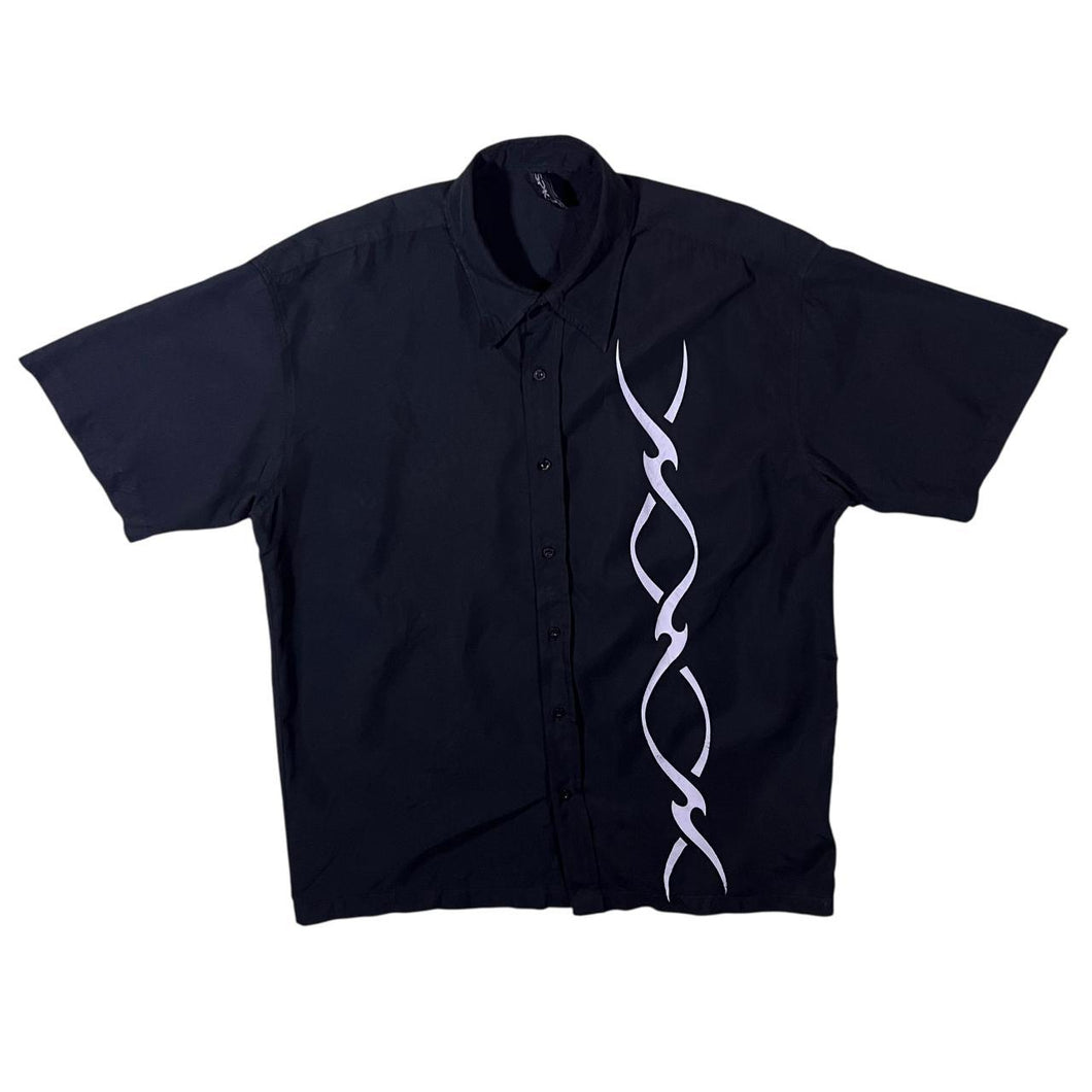Early 00's SPK2 Gothic Biker Tribal Graphic Black Polyester Short Sleeve Shirt