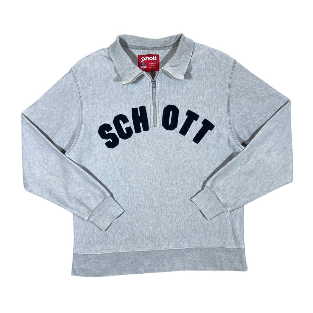 Early 00's SCHOTT NYC Embroidered Chenille Spellout 1/4 Zip Pullover Grey Sweatshirt