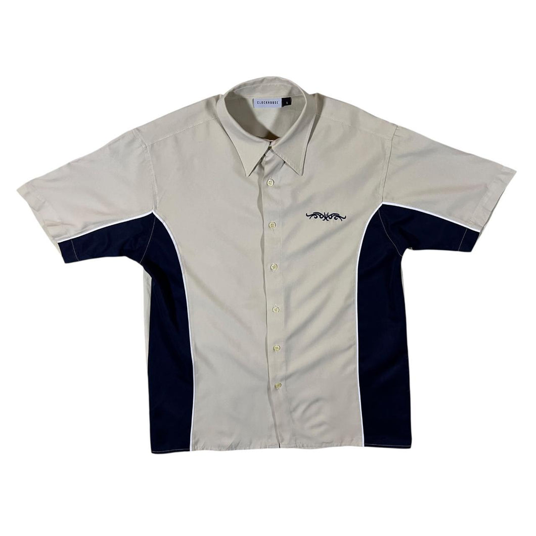 Early 00's Clockhouse Y2K Tribal Cream Navy Blue Polyester Short Sleeve Shirt