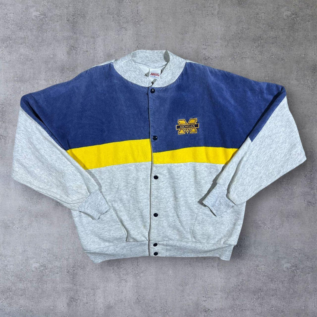 Vintage 80's Rally Sweats Michigan Wolverines College Towelling Colour Block Button Sweatshirt