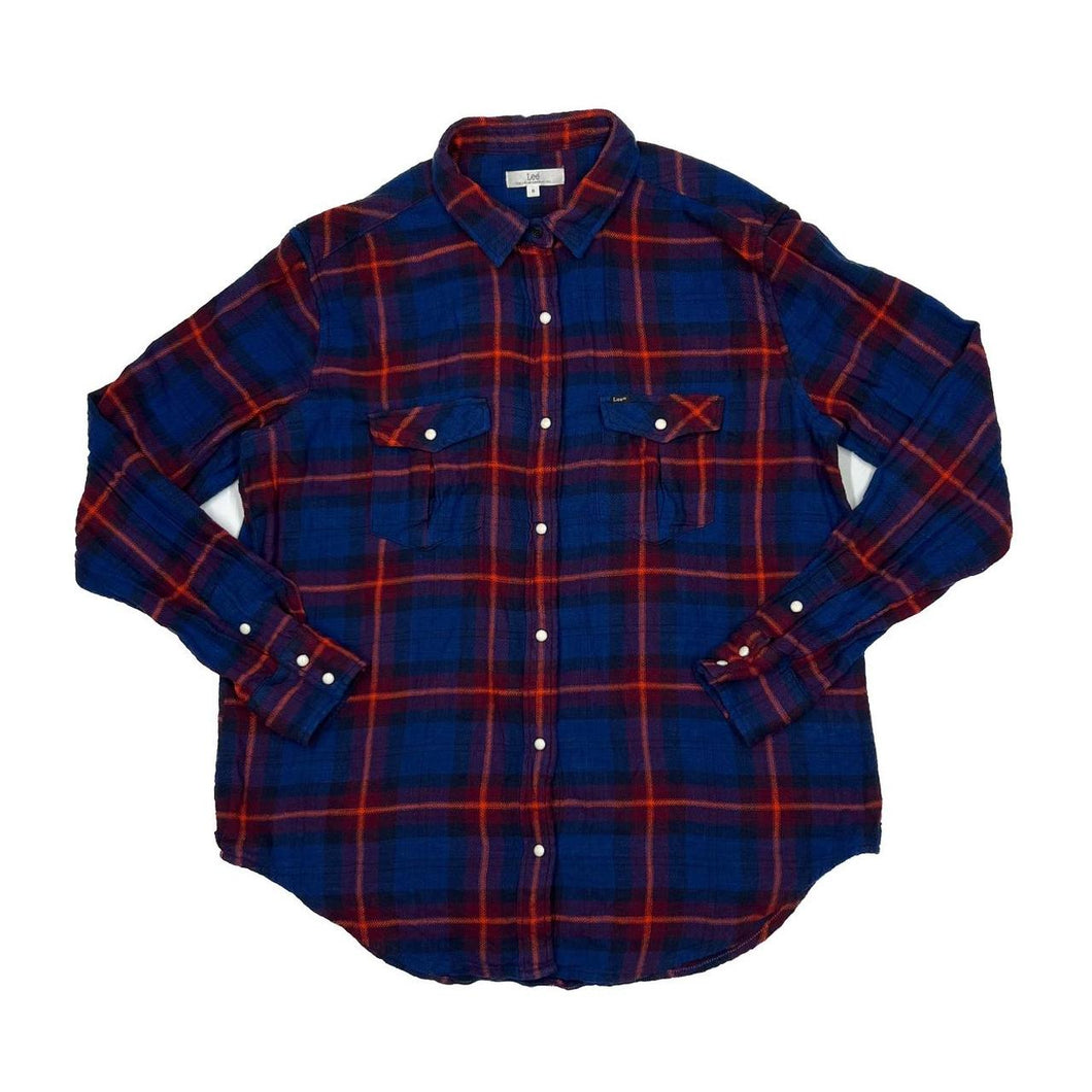 LEE Western Plaid Check Pearl Snap Popper Button Long Sleeve Flannel Cotton Shirt