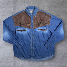 Load image into Gallery viewer, Vintage Stockerpoint Cowboy Western Blue Denim Brown Leather Panel Popper Long Sleeve Shirt
