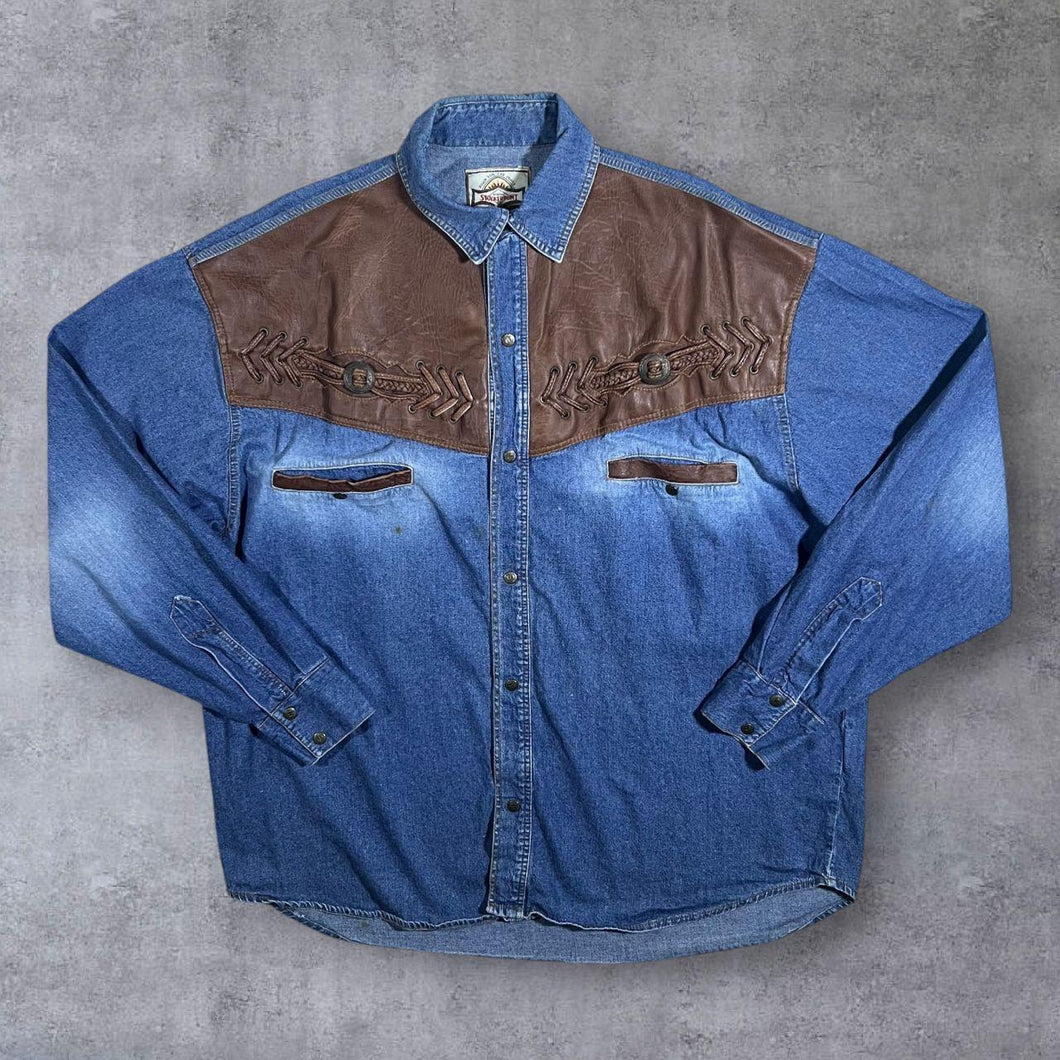 Vintage Stockerpoint Cowboy Western Blue Denim Brown Leather Panel Popper Long Sleeve Shirt