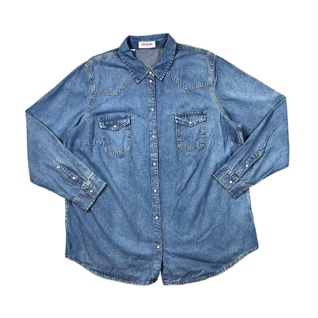 Vintage JOHN BANER JEANSWEAR Pearl Snap Popper Long Sleeve Cotton Blue Denim Shirt