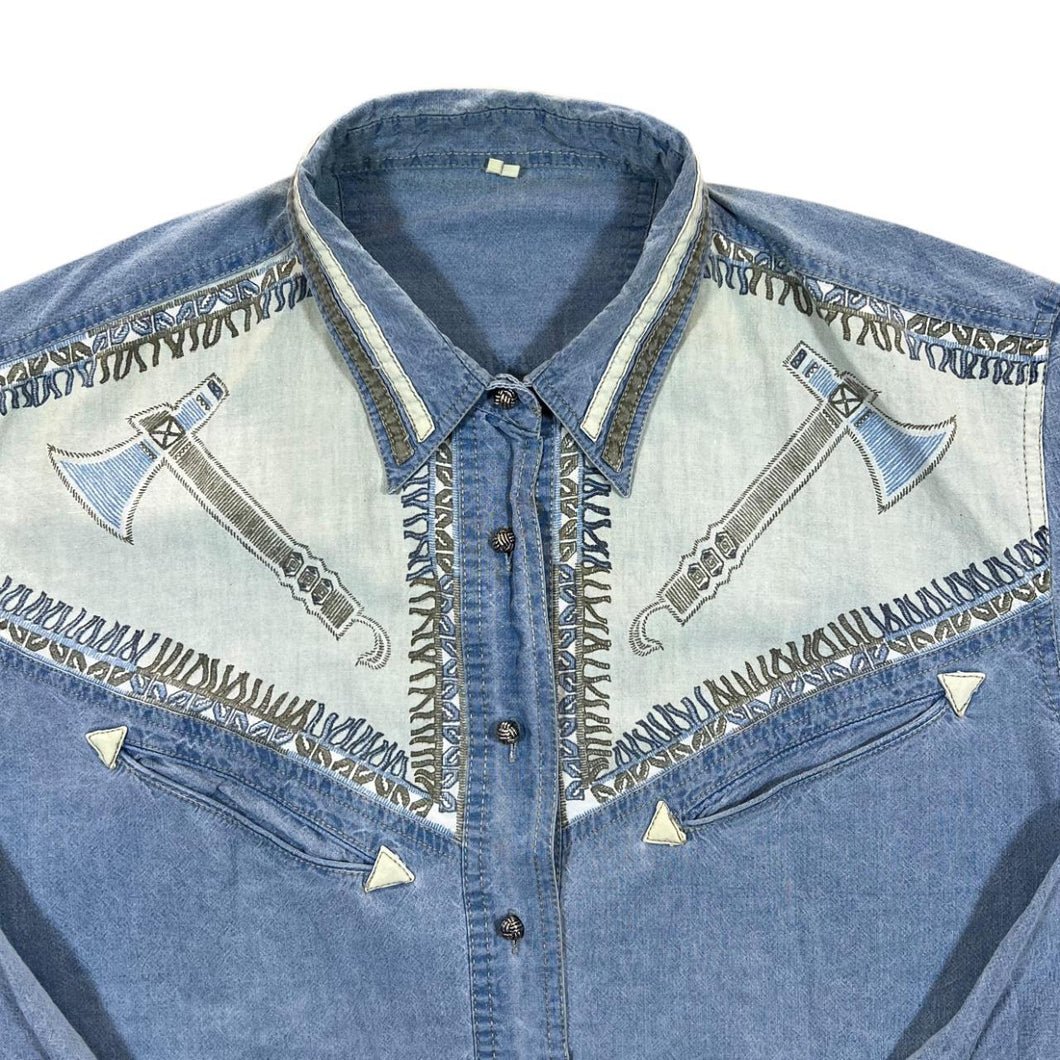 Vintage Cowboy Western Patterned Graphic Blue Denim Long Sleeve Shirt