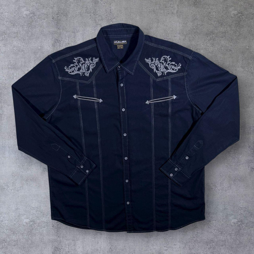 Atlas For Men Cowboy Western Embroidered Filigree Black Long Sleeve Cotton Shirt
