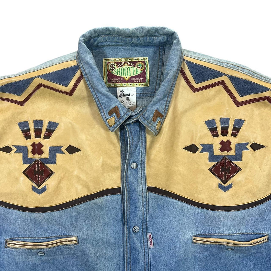 Vintage Shooter Cowboy Western Popper Button Blue Denim Long Sleeve Shirt
