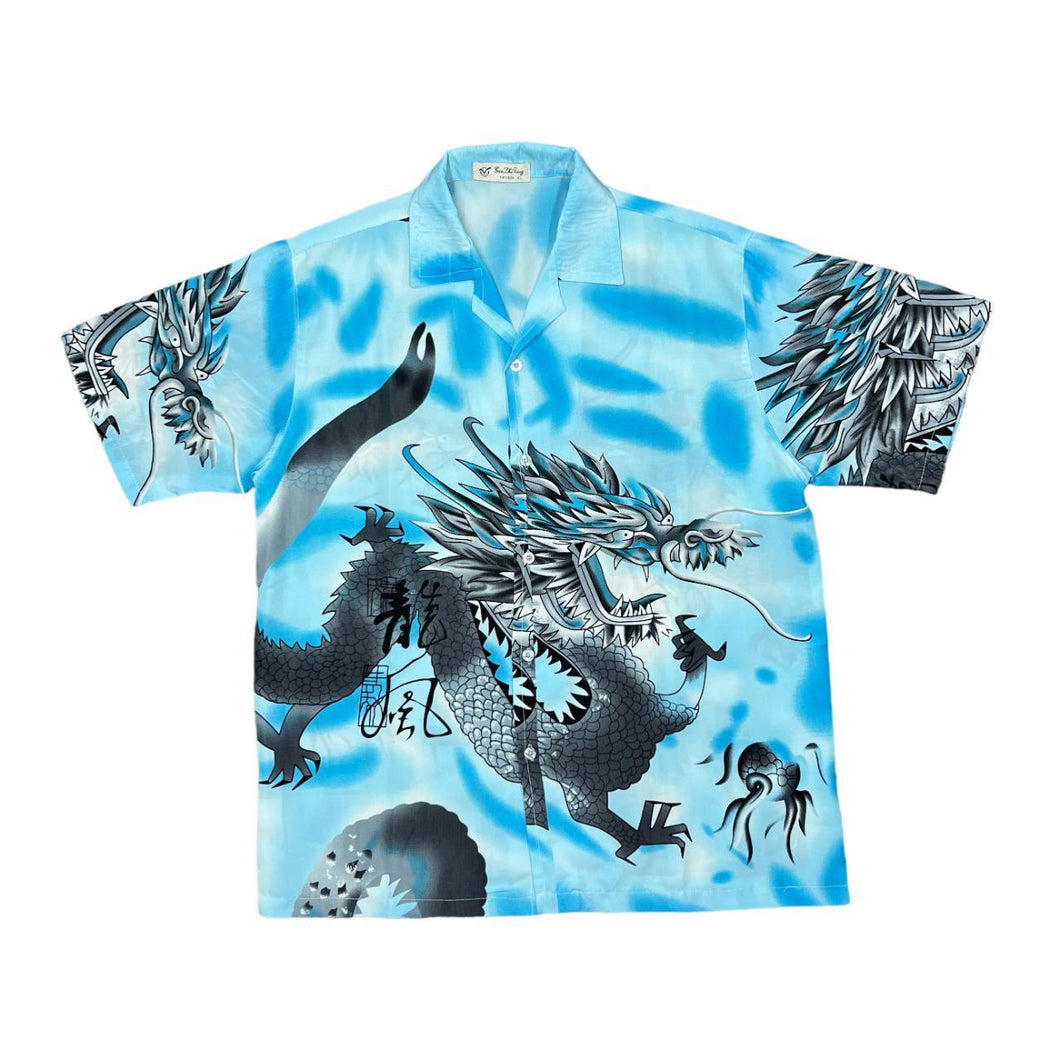 Early 00's GUO LHI TING Gothic Tattoo Traditional Dragon All-Over Print Graphic Polyester Open Collar Shirt
