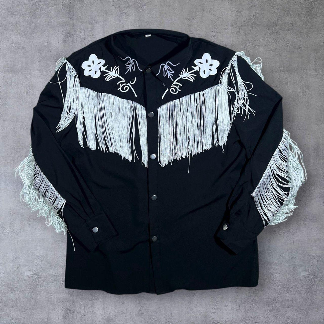 Cowboy Western Style Tasselled Fancy Dress Costume Black Long Sleeve Shirt