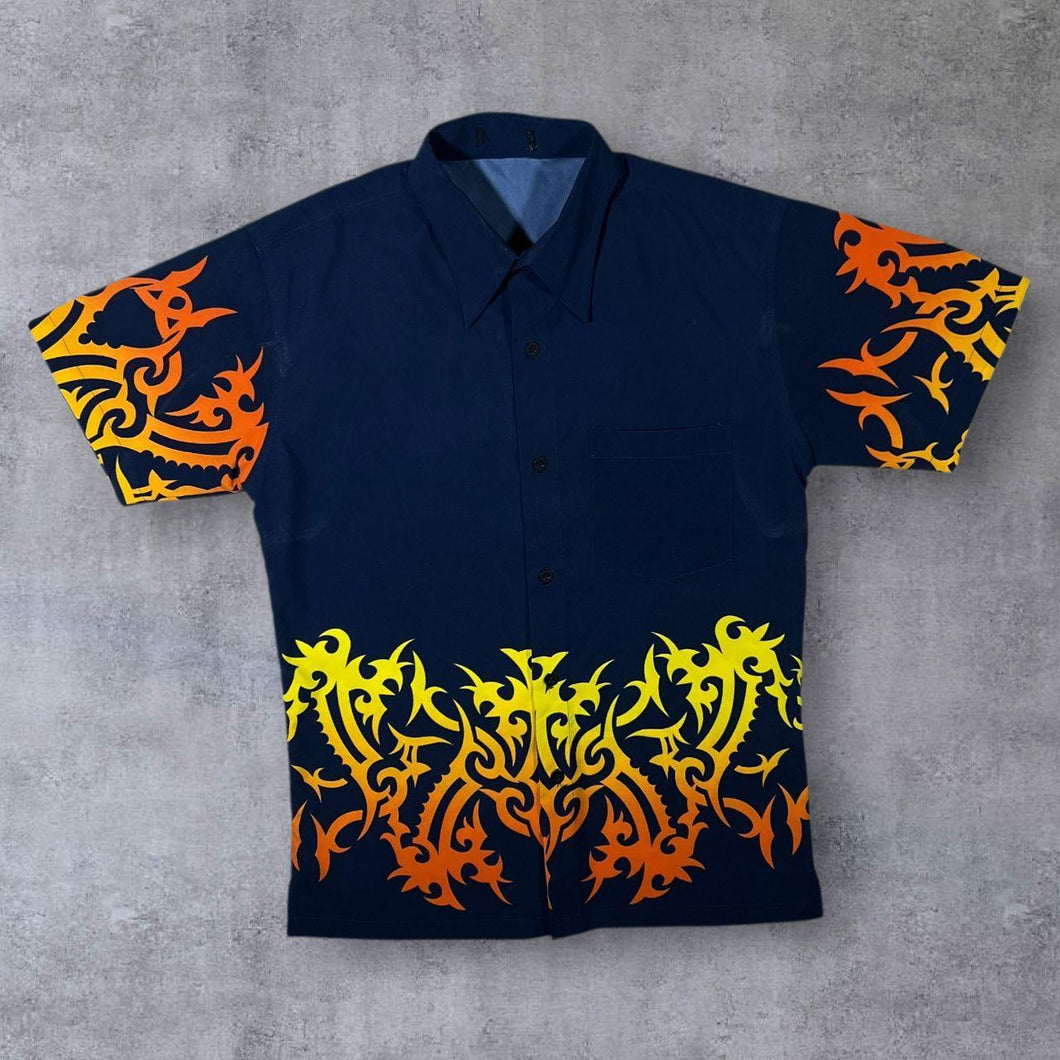 Early 00's Gothic Y2K Tribal Flame Graphic Navy Blue Short Sleeve Shirt