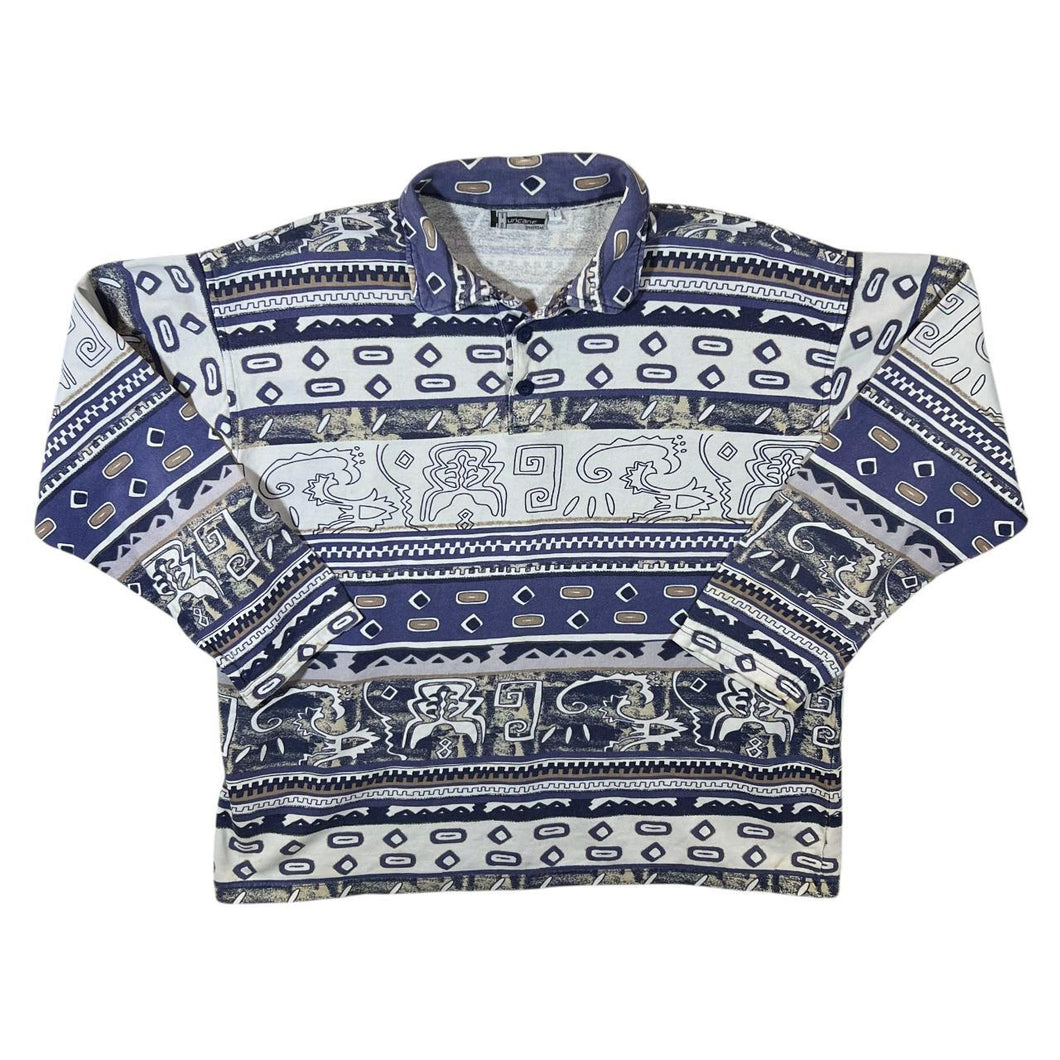 Vintage  90's Huricane Menswear Crazy Abstract Patterned Long Sleeve Pullover Polo Shirt