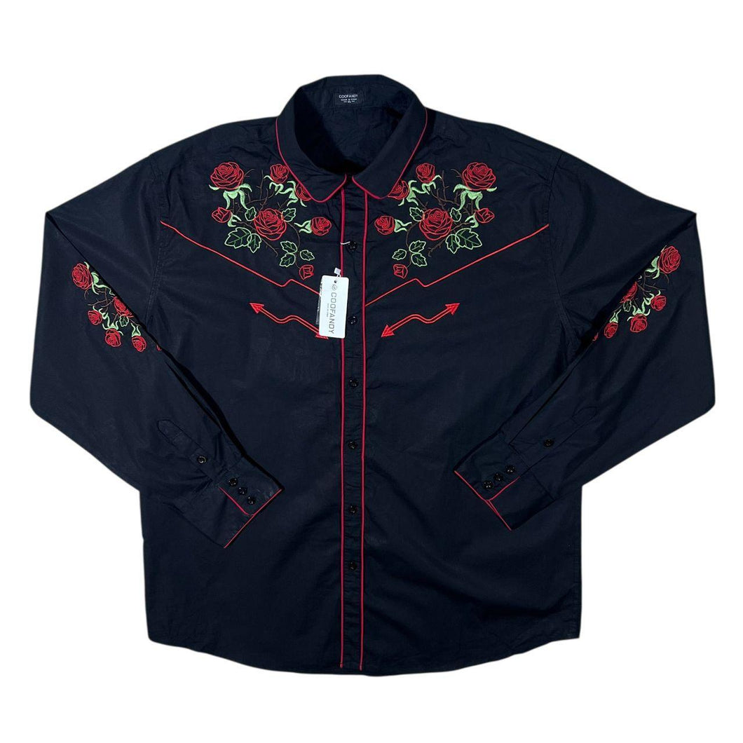Coofandy Cowboy Western Embroidered Rose Floral Black Cotton Blend Long Sleeve Shirt